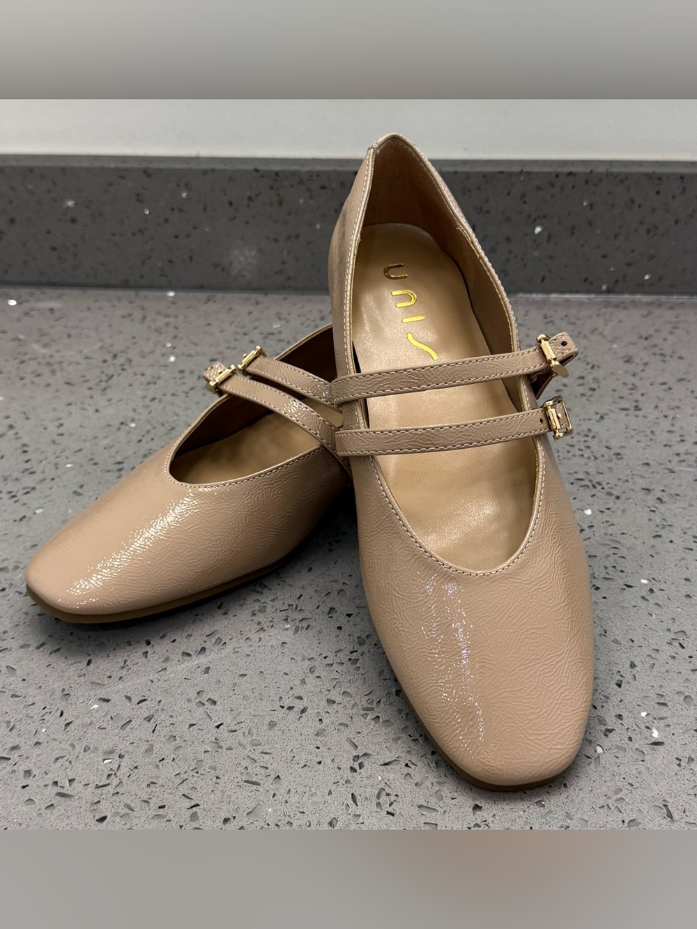 Unisa Beige Patent Double-Strap Ballet Flats